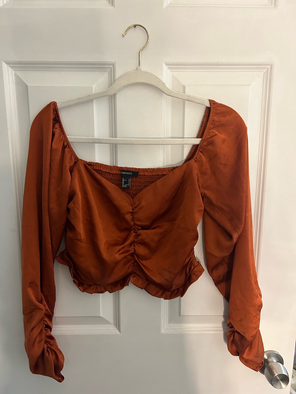 Forever 21 Rust Orange Ruched Long Sleeve Crop Blouse